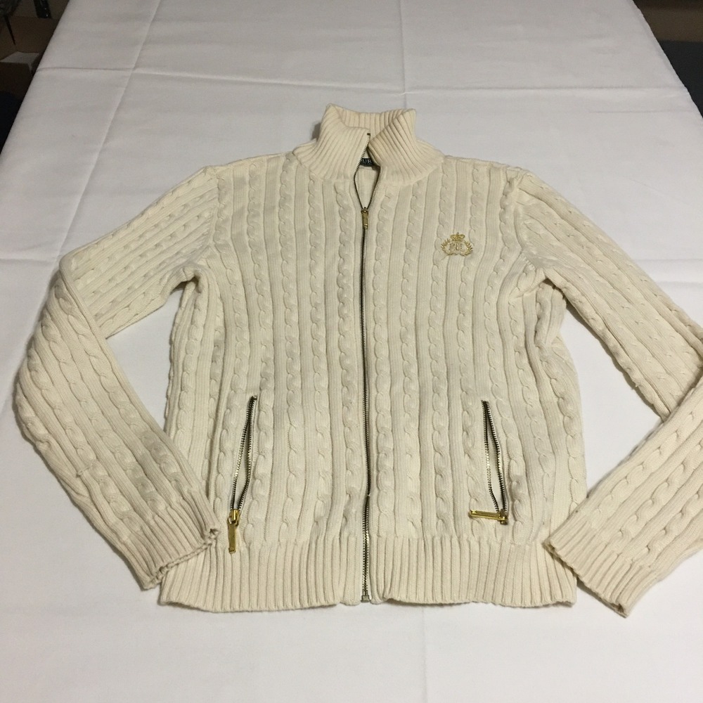 Lauren Ralph Lauren Full Zip Sweater Womens Medium Cream Cable Knit Crest Logo